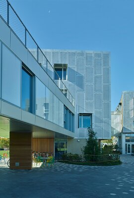 Portrait view "Amherst Collage"; modern aluminum and stainless steel facade design